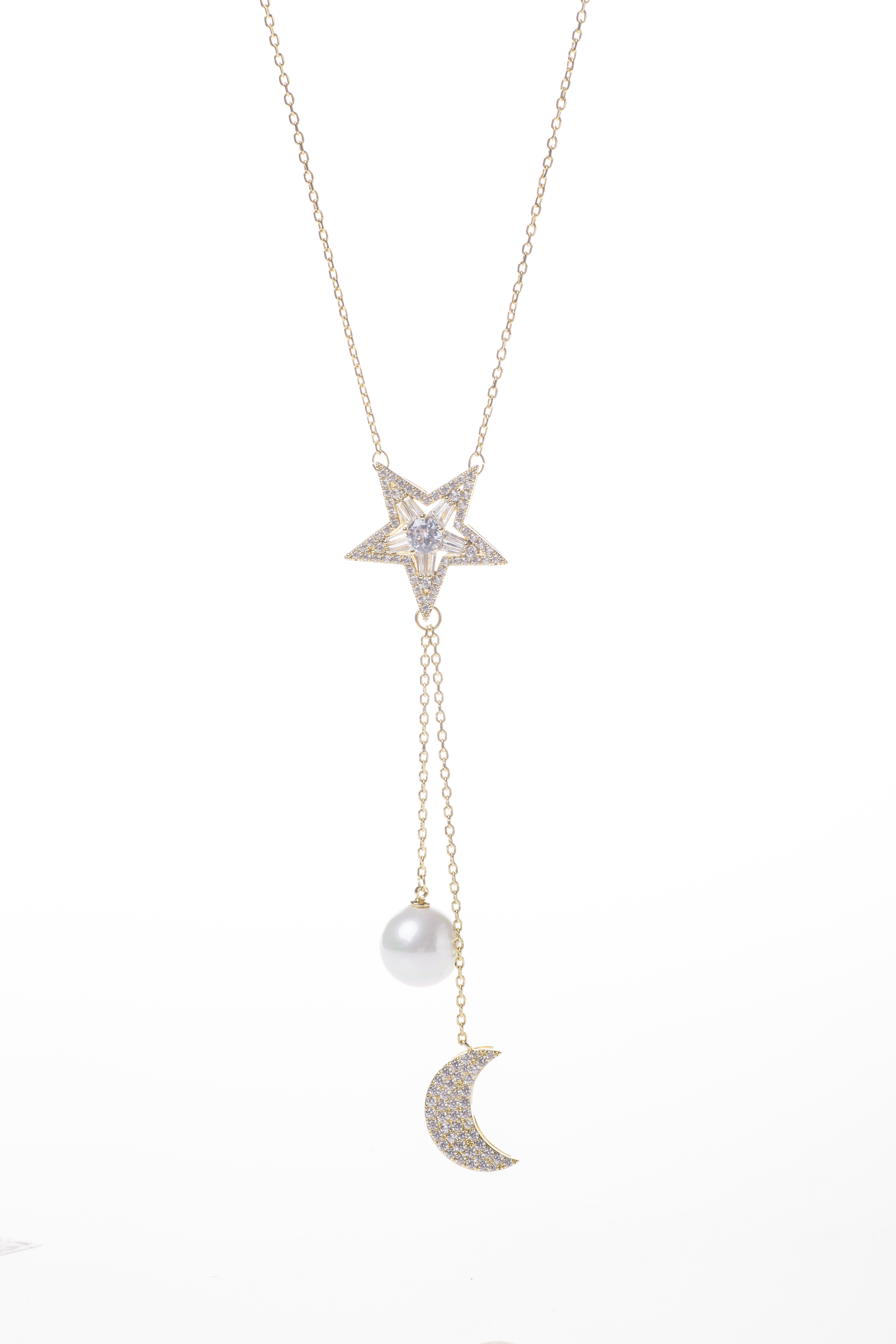 香港安伯曼秋季新款浪漫星月贝母珍珠项链环保镀24k真金毛衣链