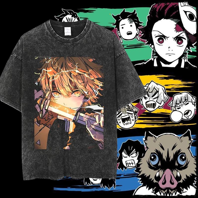 柒街巷原创Demon Slayer鬼灭之刃水洗做旧宽松全棉T恤男女t-shirt