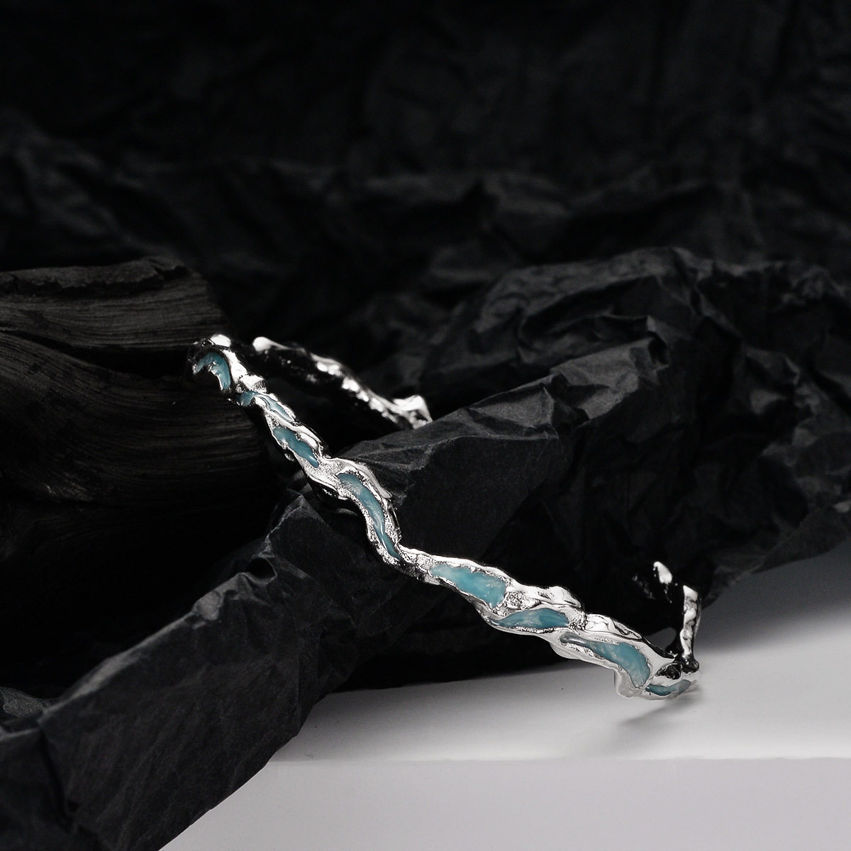 蓝色海浪手镯薄荷蓝冷淡风s925纯银手镯冰湖系列滴胶手饰女高级感