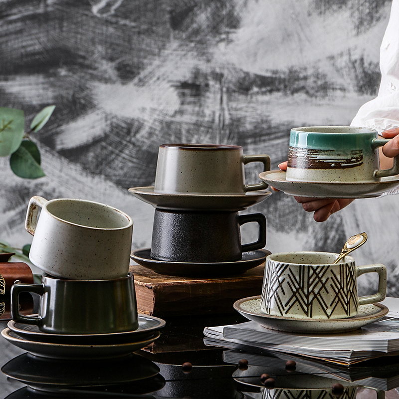 陶瓷日式复古咖啡杯碟套装创意粗陶家用牛奶早餐杯子餐具马克杯