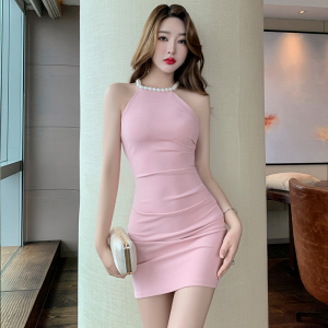 Pearl hanging neck high waist thin bag hip split dress