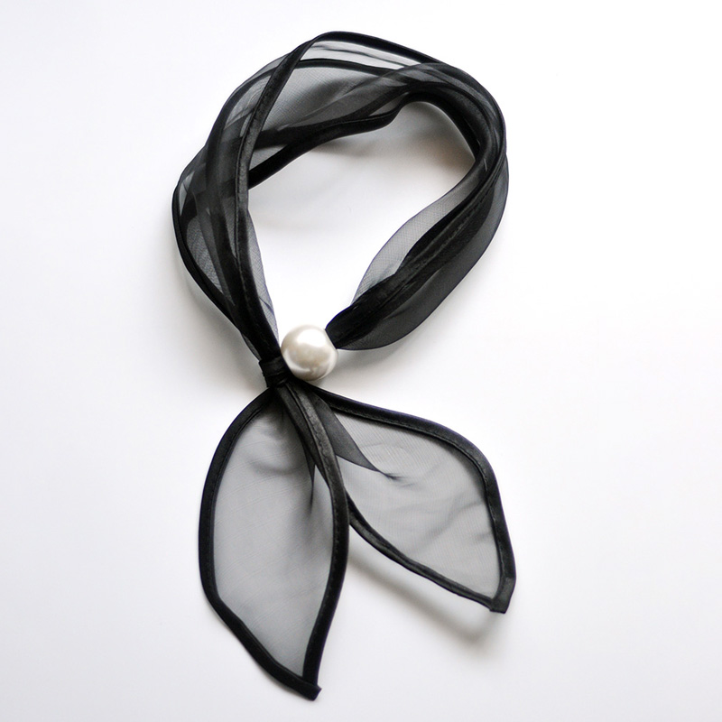 欧根纱包边黑色短长条丝巾日系小领巾颈饰脖子上的小丝巾丝带发带