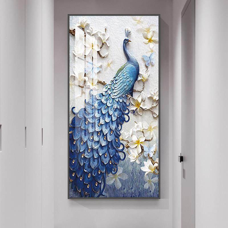 入户玄关装饰画竖版走廊尽头挂画轻奢高档孔雀过道背景墙装饰壁画