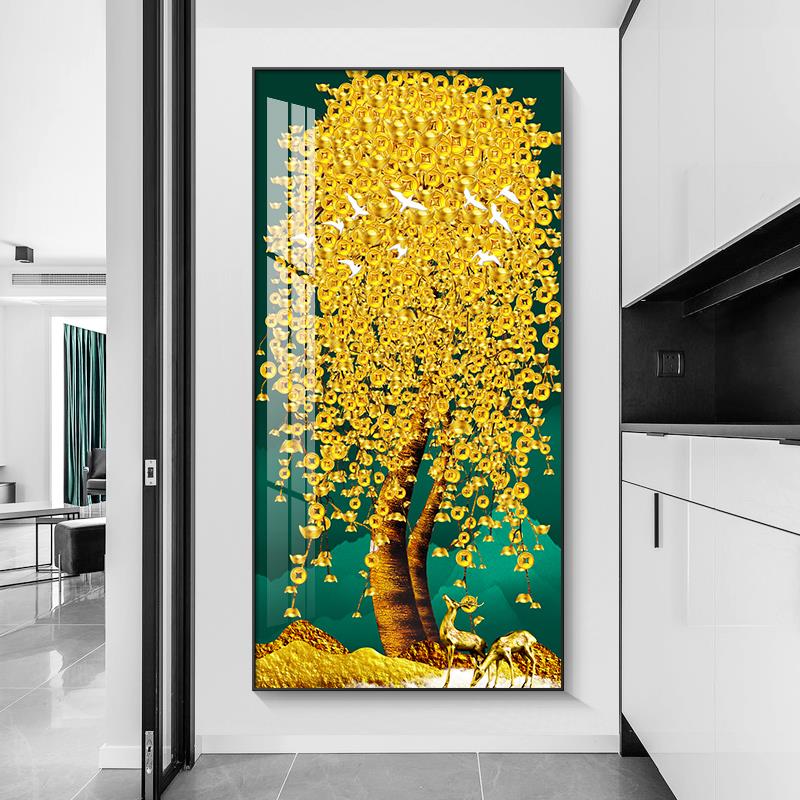 玄关装饰画发财树金钱树入户进门墙面挂画招财大气竖版走廊过道画