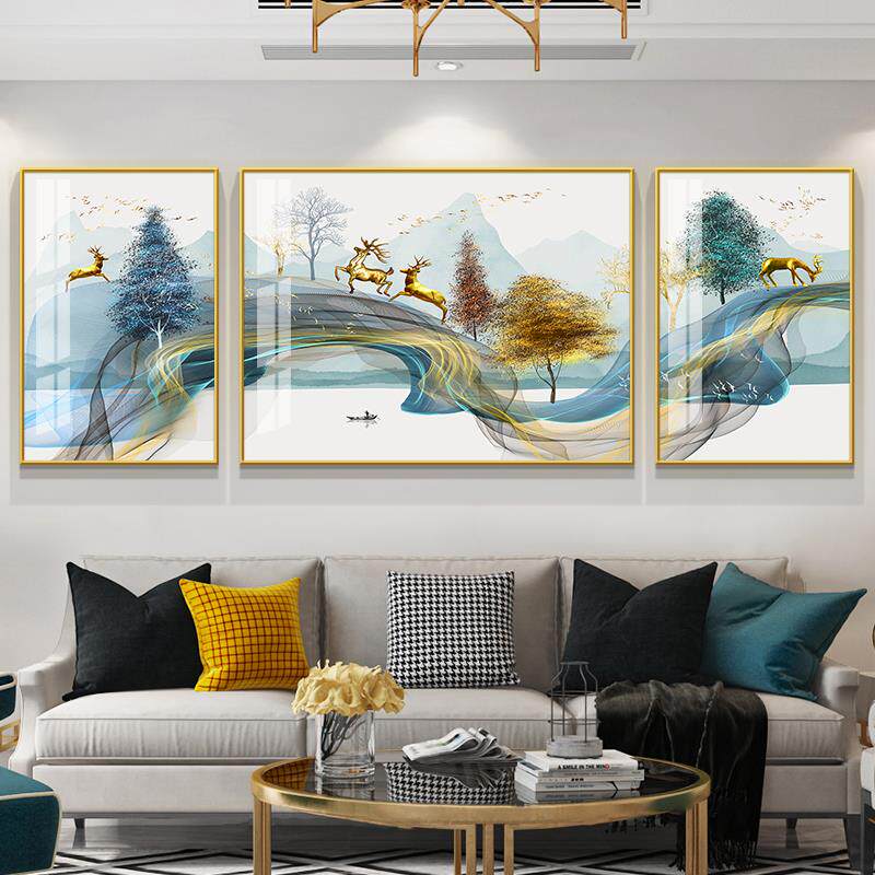 客厅装饰画轻奢三联沙发背景墙壁画现代简约大气鹿沙发后面的挂画
