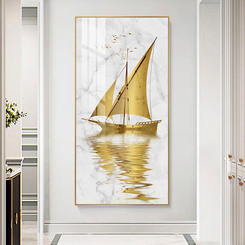 一帆风顺入户玄关装饰画现代简约帆船竖版轻奢走廊过道装饰壁画