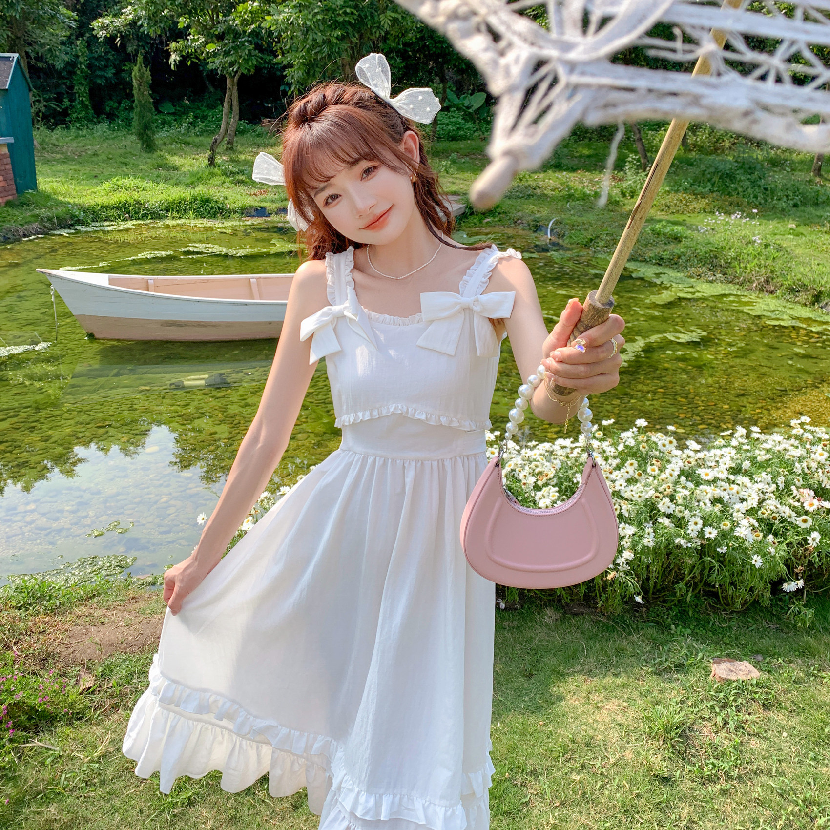 守望童话 花崎鹿原创初恋白色蝴蝶结吊带裙日系少女无袖连衣裙夏