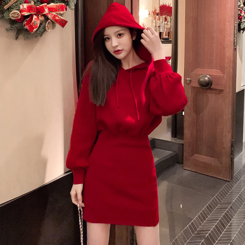 本命年过年衣服新年战裙秋冬港风女装红色裙子法式显瘦针织连衣裙