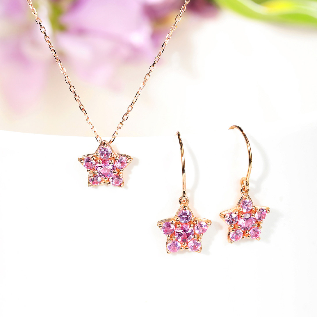 矿工之星 18k玫瑰金粉蓝宝星星项链吊坠 宝石耳钉情人节礼物女