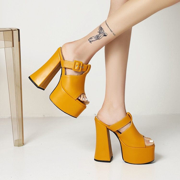15厘米超高跟粗跟凉拖恨天高夏季黄色欧美性感厚底大码拖鞋女cs