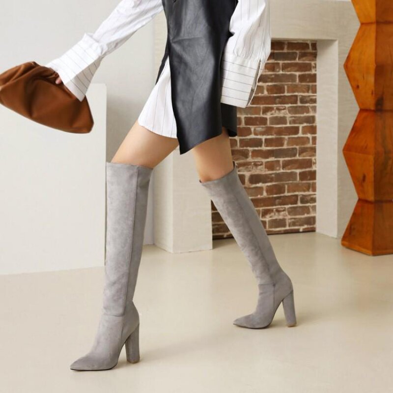 绒面灰色米色靴子女粗跟高跟过膝长靴弹力瘦瘦靴长筒大码小码 mns