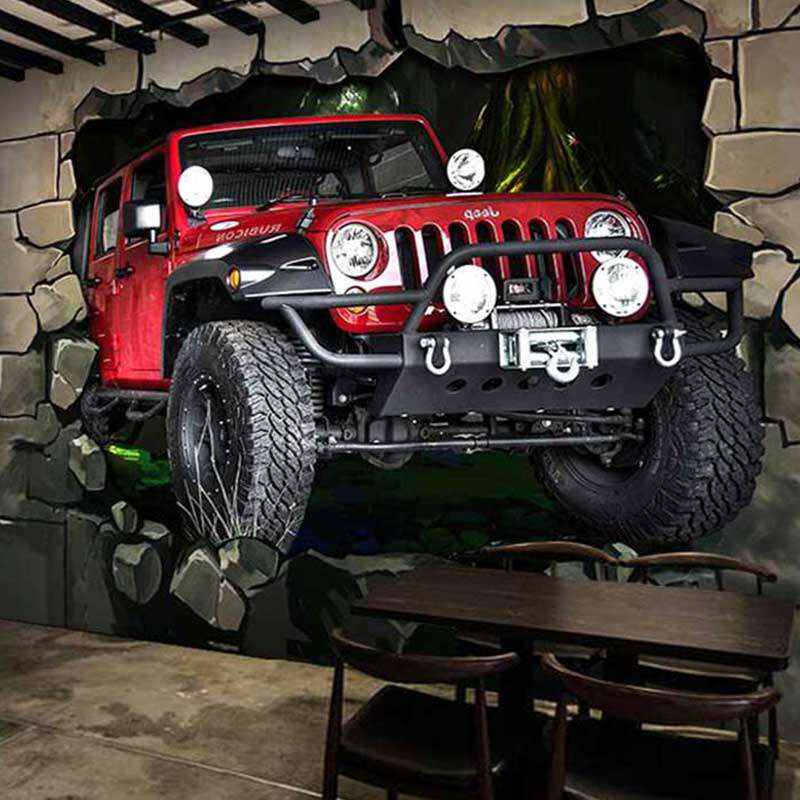 欧式背景墙壁纸壁画_3d立体欧式复古汽车破墙背景墙纸ktv酒吧墙布工业