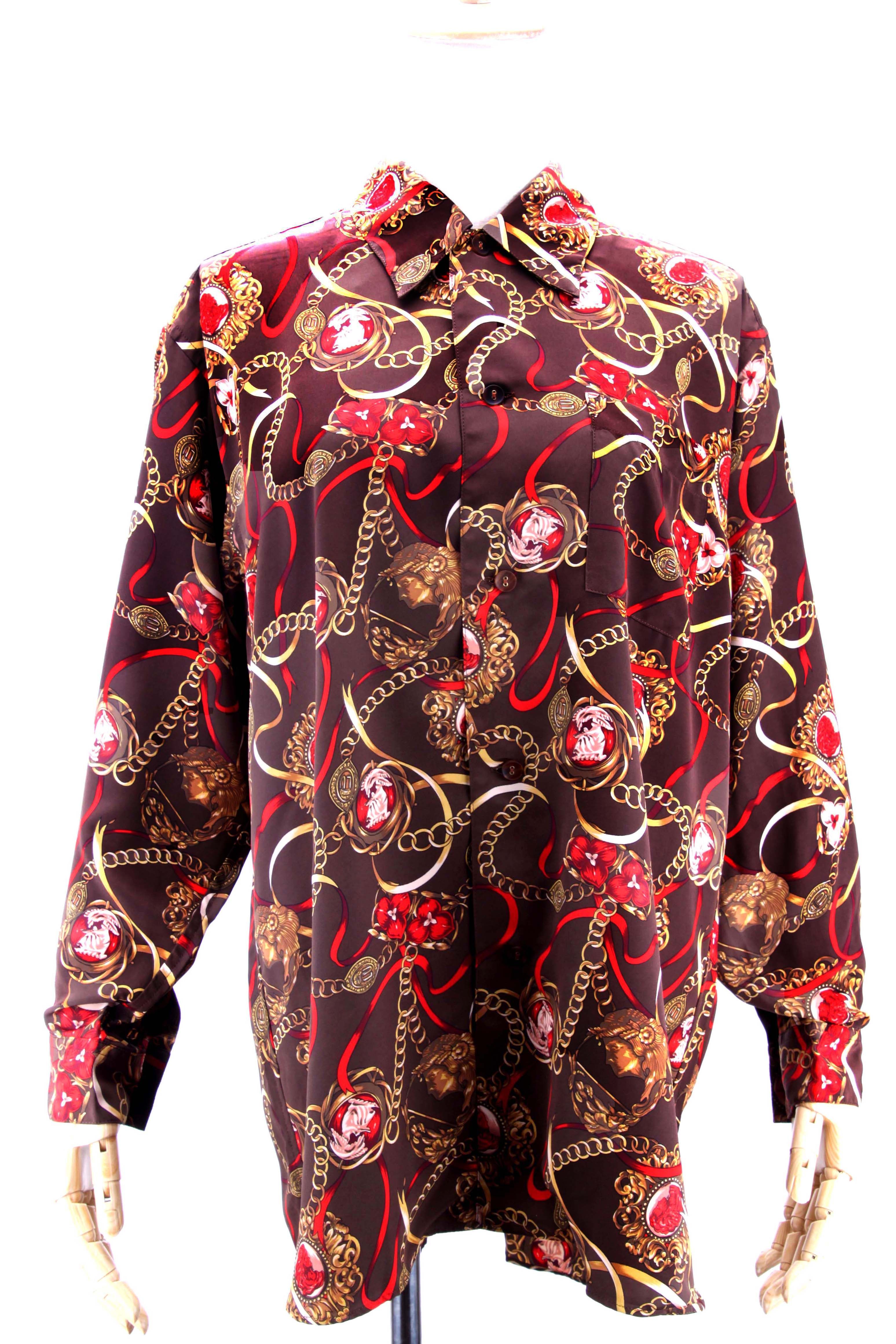 人物头像衬衫_vintage古着复古贵牌中世纪人物头像链条长袖长款衬衫咖