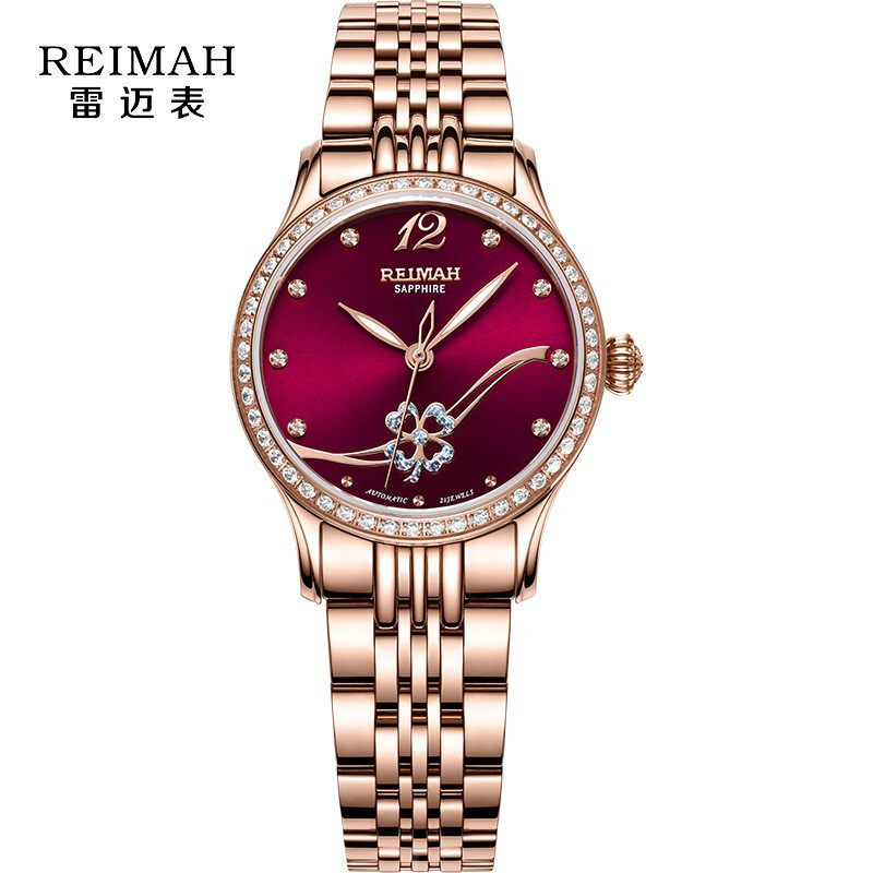 雷迈reimah手表女表镶钻自动机械表时尚钢带四叶草腕表8169l