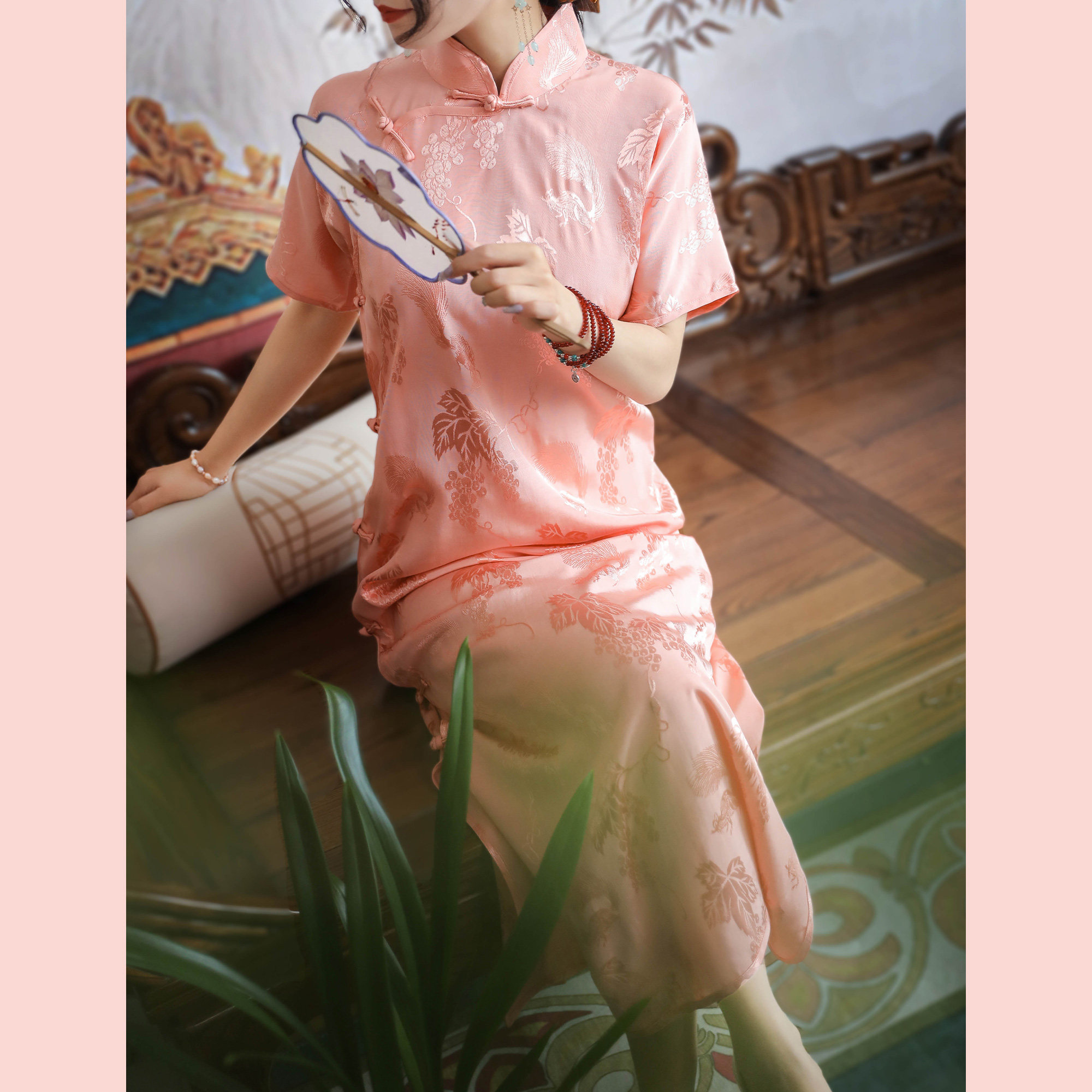粉佳人-2022夏中式国民风旗袍裙真丝混纺天丝连衣裙子年轻改良版