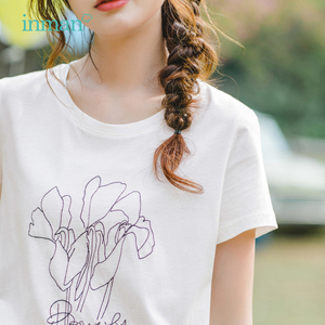 茵曼旗舰店2019夏装新款绣花圆领宽松短袖t恤女文艺休闲纯棉体恤