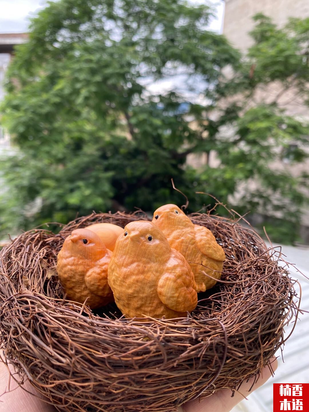 崖柏木雕刻小鸡鸡蛋手把件带鸡窝摆件幸福一家人儿童礼物动物创意