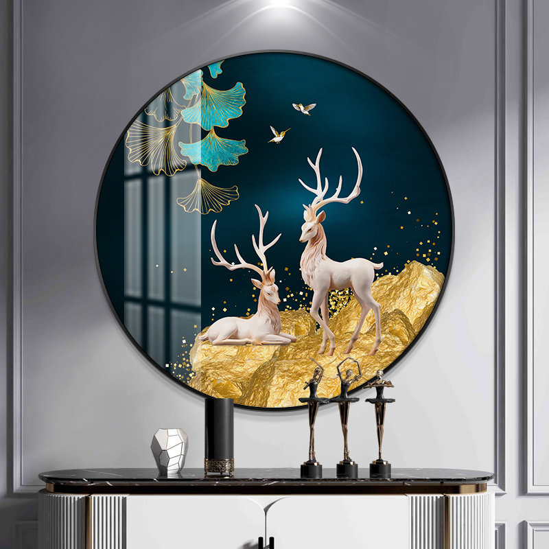 晶贝入户玄关装饰画圆形鹿过道走廊镶钻晶瓷水晶壁画现代简约挂画