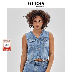 GUESS Originals  女短款V领显瘦复古蓝牛仔马甲-W3GG21D4XY0