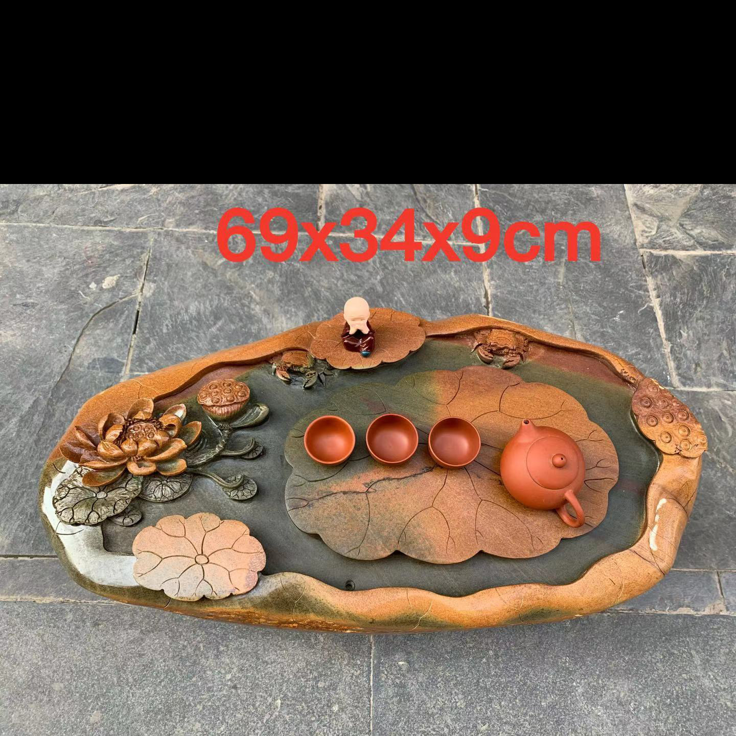 端砚茶盘天然石材手工禅意雕刻荷花石茶盘家用客厅一体功夫茶海