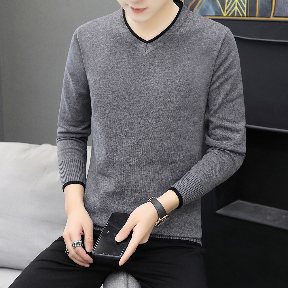 纯棉毛衫男鸡心领套头长袖t恤针织打底衫男士v领毛衣上衣服纯黑色