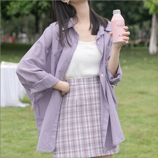 春秋薄款紫色长袖防晒衣衬衫女小众上衣2023新款夏季外穿百搭外套