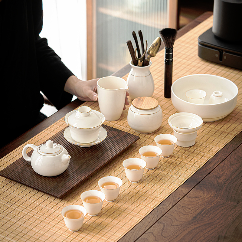 羊脂玉礼盒装陶瓷茶具盖碗套装客厅中式茶壶杯金边定制logo六君子