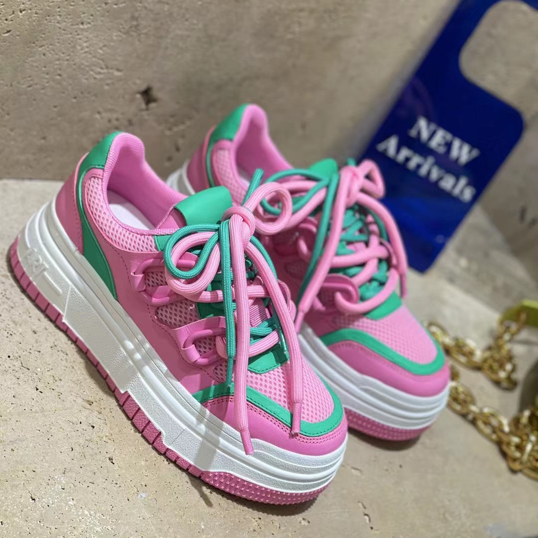 欧洲站女鞋2022新款真皮松糕底厚底老爹鞋休闲粉色运动鞋女轻便潮