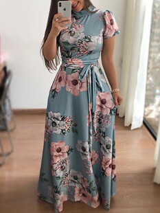 Women Summer Floral Boho Short Sleeve Bandage Party Dress