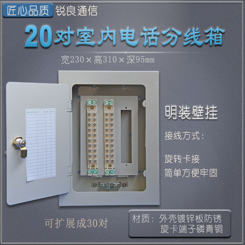 锐良通信壁挂室内明装20对电话分线箱单面旋卡模块电缆交接盒