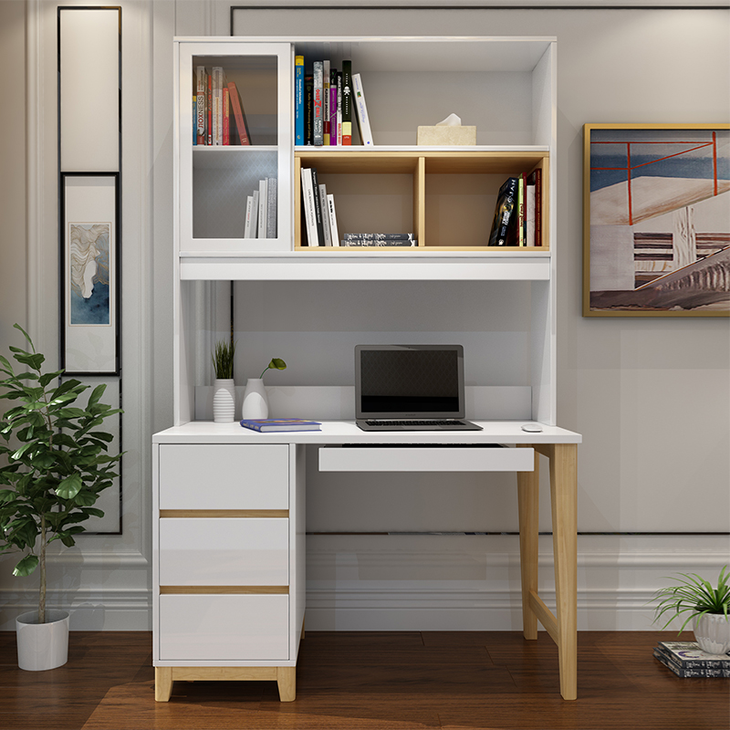 北欧简约家用烤漆书桌书架一体桌 现代转角台式电脑桌写字台书柜