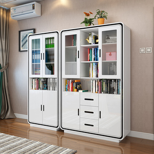 现代白色烤漆带玻璃门2米书柜 简约客厅整墙落地书橱书架储物柜子