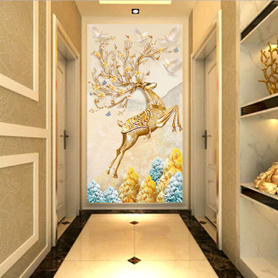 8d玄关墙布过道装饰壁画走廊背景墙纸简约现代5d立体竖版孔雀壁纸