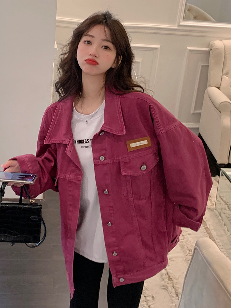 玫红色牛仔外套女早春季秋2022新款韩版宽松bf风盐系炸街牛仔衣潮