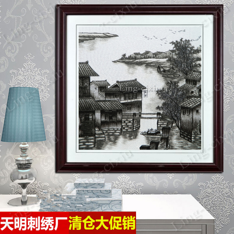 刺绣画苏绣成品江南水乡儿时记忆茶楼餐厅挂画背景墙画商务礼品画