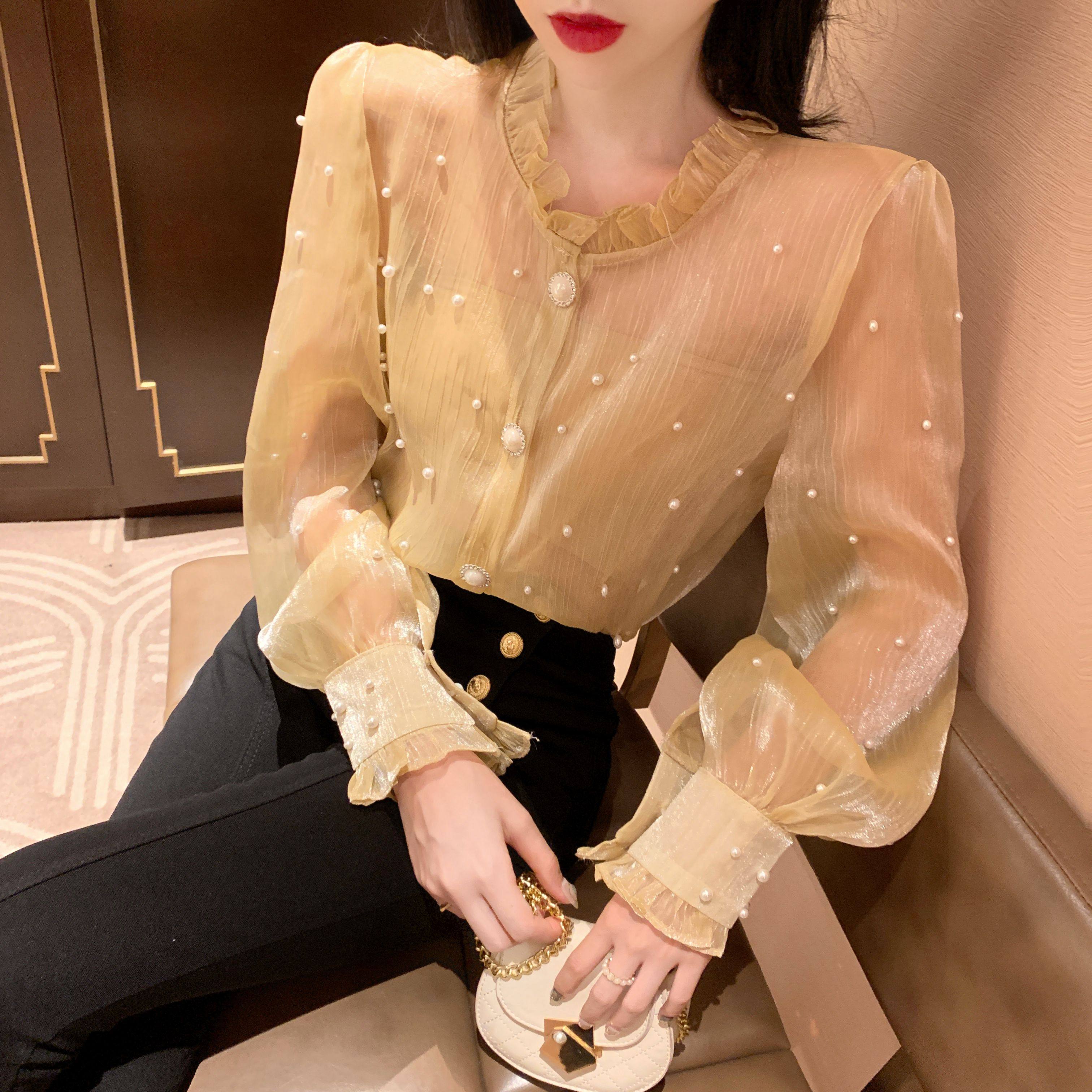 2019秋冬新款花边立领钉珠网纱衬衫上衣宽松性感透视长袖衬衣女装