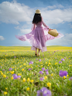 理想三旬旅行女装旅拍度假风紫色仙气飘逸蛋糕裙摆连衣裙长裙宽松