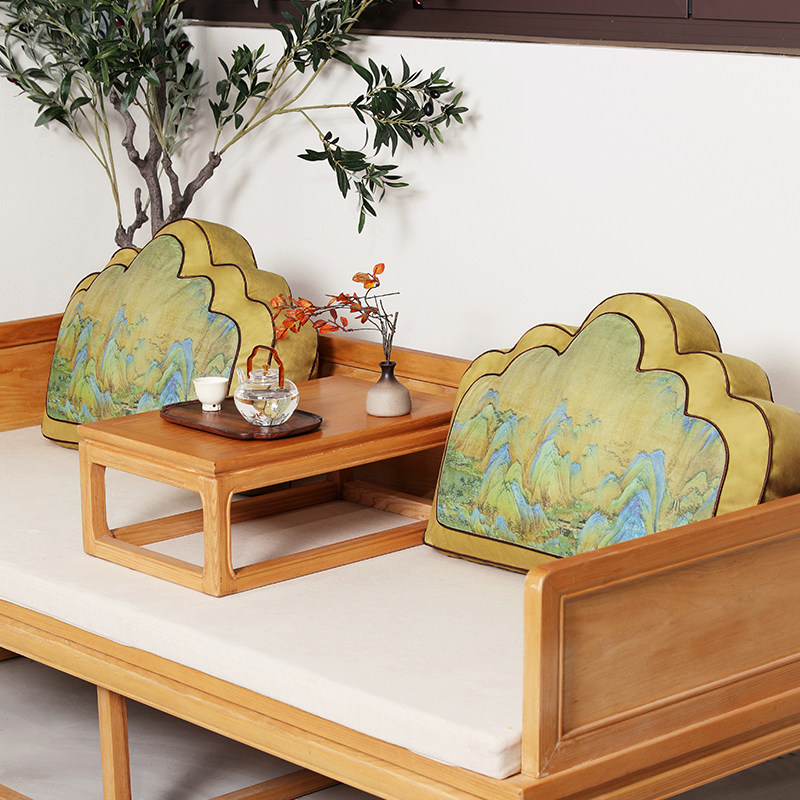 罗汉床大靠垫中式红木沙发抱枕中国风千里江山图靠山枕床头靠背套