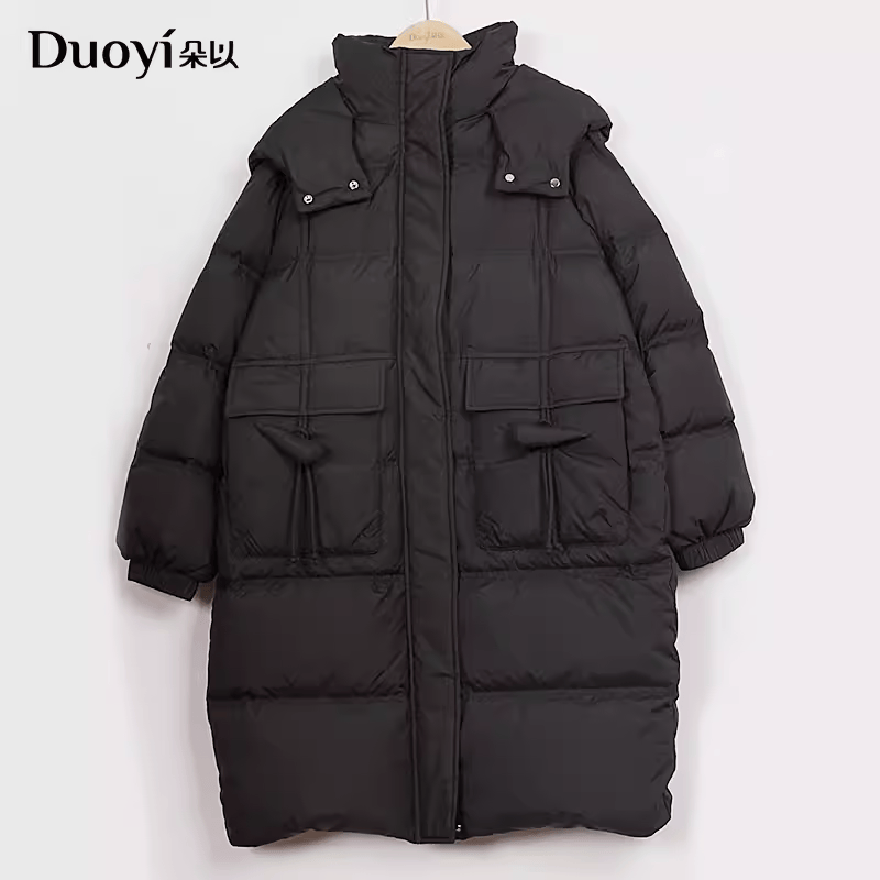 duoyi朵以2023冬季新款时尚韩系立领连帽中长款羽绒服38DD943038