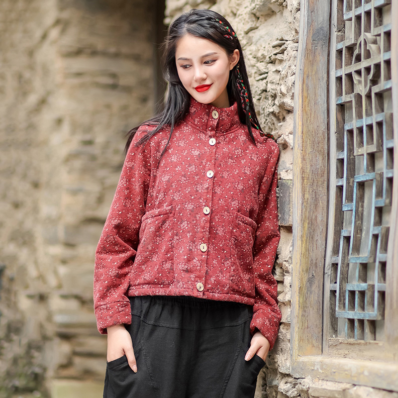 小碎花棉袄2021秋冬新款民族风复古立领短款加绒加厚棉麻棉服外套