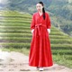 复古棉麻加绒红色连衣裙女 民族风系带 秋冬装加厚宽松打底长裙子