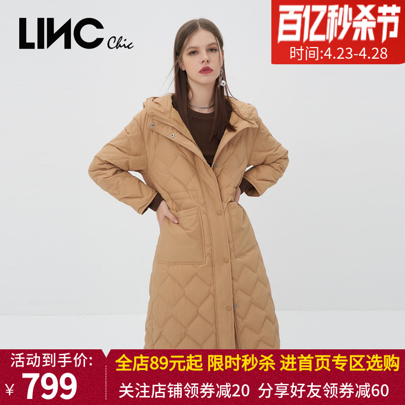 LINC金羽杰2022秋冬新款风衣感连帽简约长款羽绒服女Y22808207