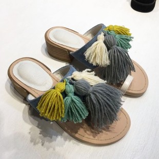 gucci包正品會有線頭嗎 韓國正品女鞋代購2020夏款街頭時尚毛線流蘇拼色套趾粗中跟拖鞋 gucci正品