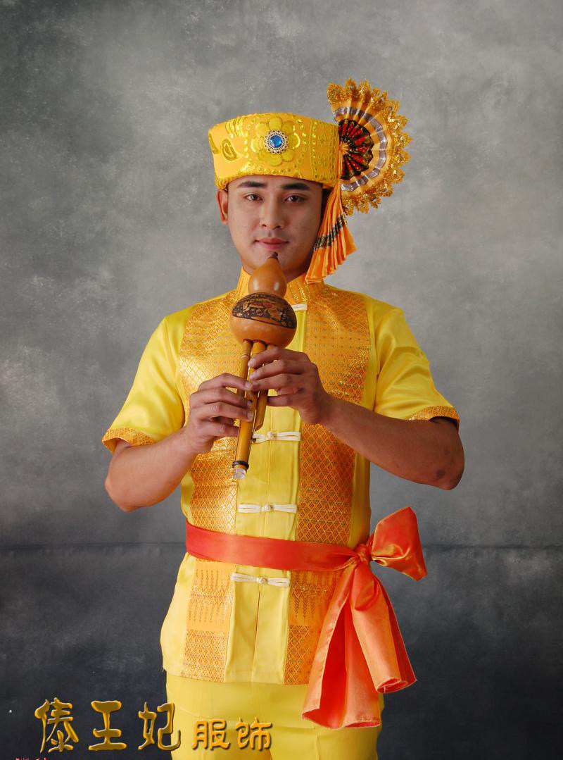 傣王妃服饰的优惠券大全—傣王妃服饰傣族男装金色立领短袖节日盛装