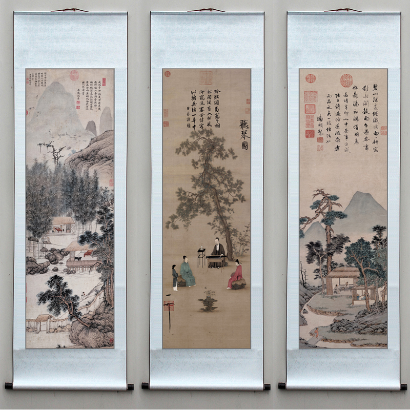 听琴图品茶图王蒙仇英山水画中式竹子卷轴画国画客厅风景装饰画