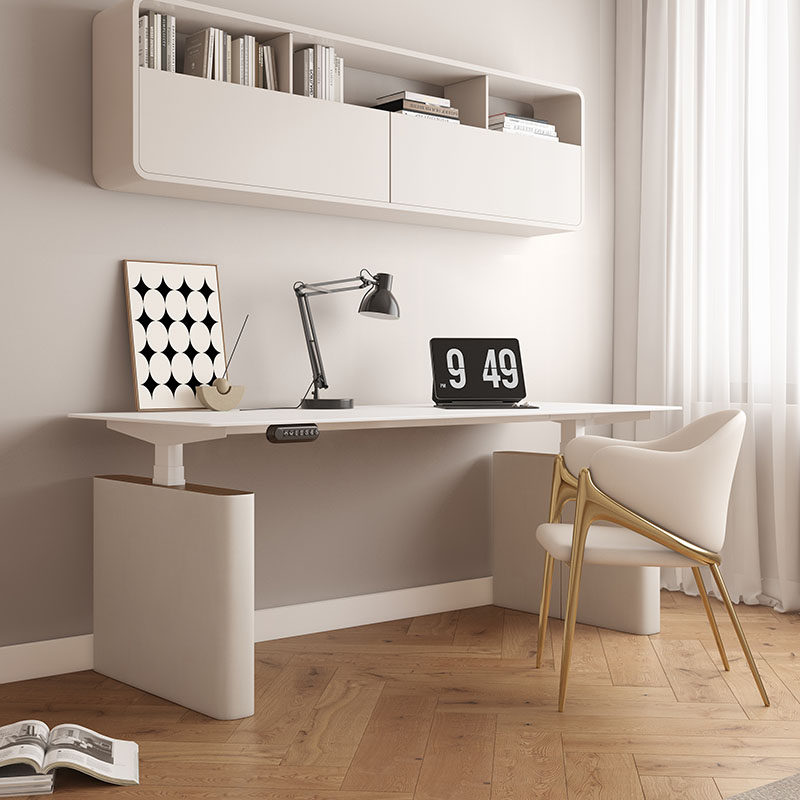 奶油风电动升降书桌椅智能书房岩板电竞多功能网红电脑桌办公桌子