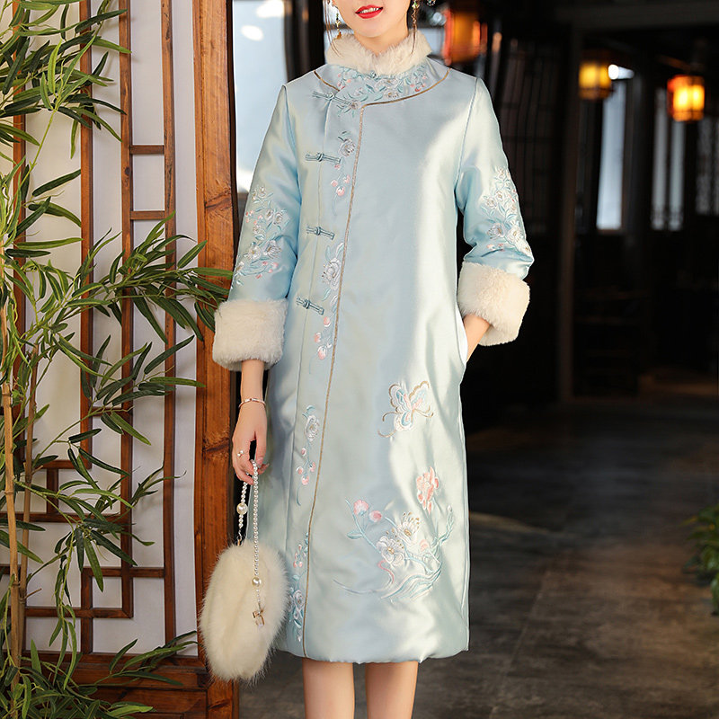 旗袍冬款加厚中式棉袄外套女中长款中国风盘扣棉服民国复古棉衣女