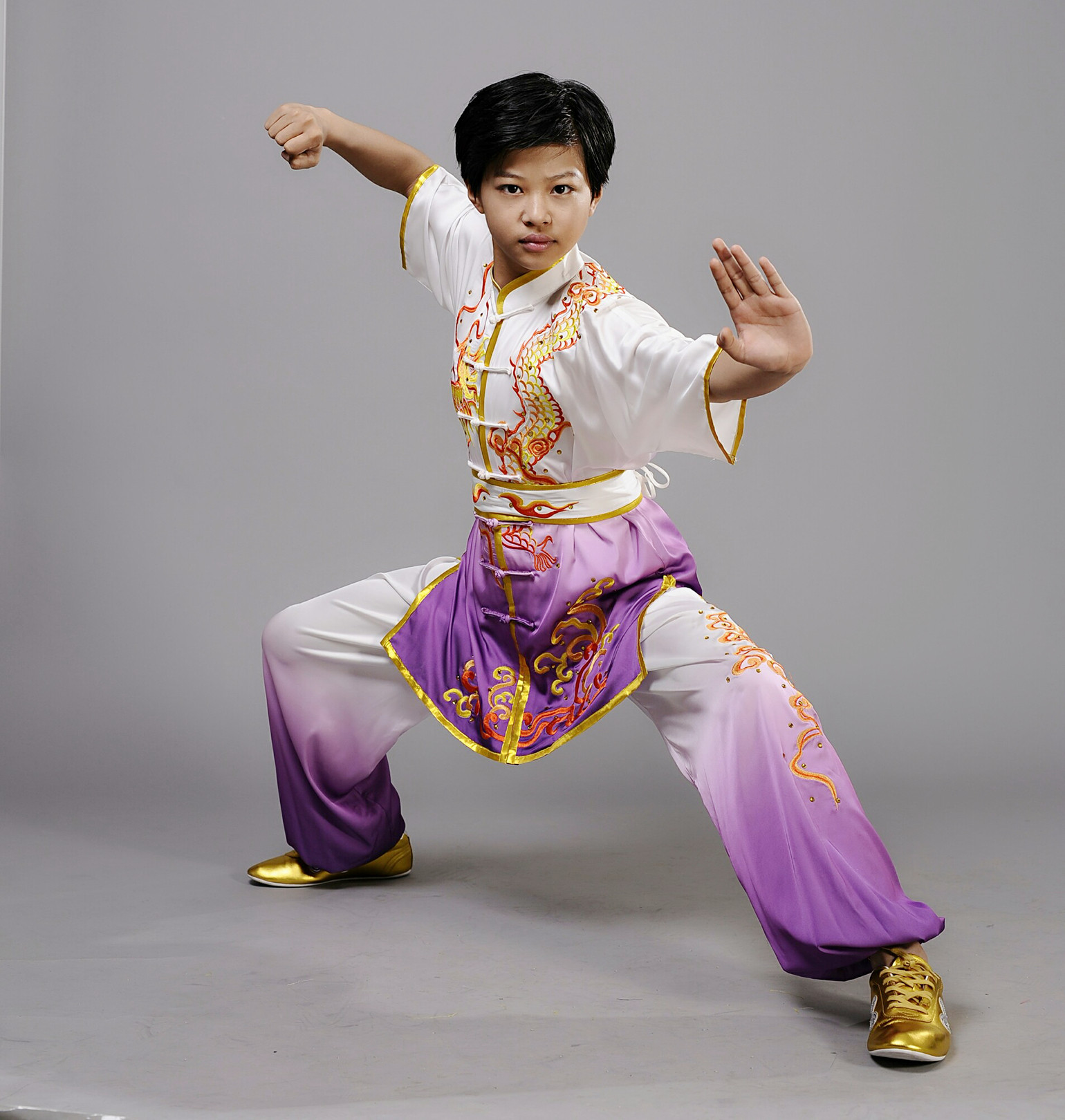 绣龙武术服练功服紫白渐表演比赛服长拳南拳服男女演出服真丝绸订