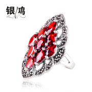 Hong 925 Silver jewelry, silver Korean fashion red retro Thai silver and old silversmiths index finger rings Garnet rings women