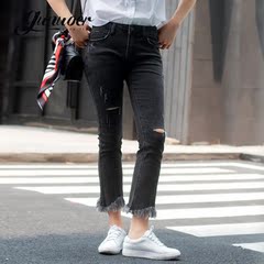 古诺尔秋季新款女装 韩版高腰口袋磨破修身铅笔裤洗水九分牛仔裤